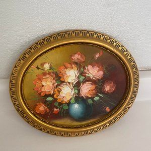 1950's Floral Still Life Oil Painting in Ornate Oval Frame